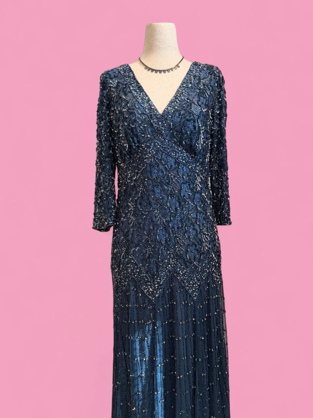 Vintage Long Sleeve Beaded Floral Gown 90s 2000s V Neck Formal Dress